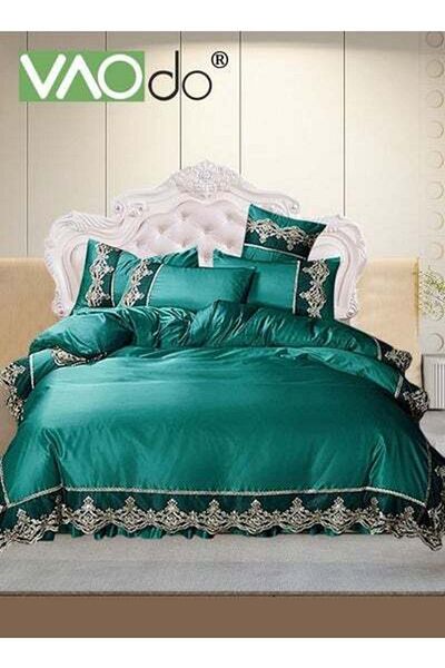 VAODO 4-Piece Luxury Silk Bedding Lace Edge Design Sheet Quilt Cover And Pillowcases Set