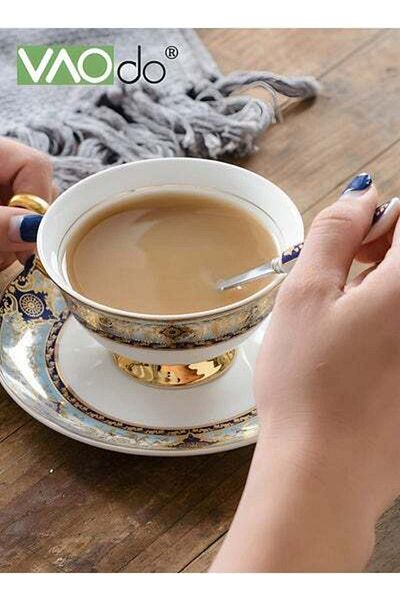 VAODO 2PCS Coffee and Saucer Set With Spoon Thin Through Bone China Hand-painted Gold Black Tea Teacup