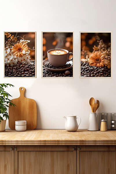 kutuTR ☕ Çiçekli Kahve Keyfi – Ahşap Çerçeveli 3'lü MDF Tablo Seti (23x32 | 32x42 | 42x62 cm ) CRV1017