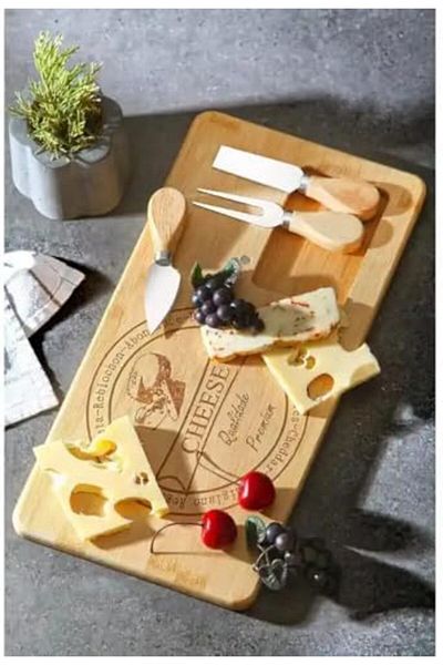 Mena Rise Şirinshop Bamboo Cheese Serving Platter with 3 Pieces Cheese Knife and Fork Set, Total 4 Pieces
