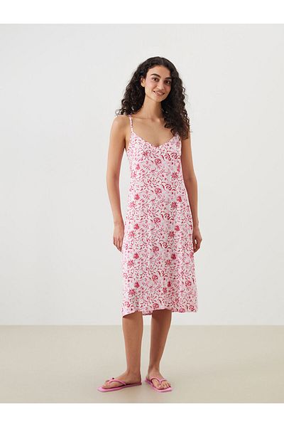 LC Waikiki Ecru V-Neck Floral Strap Women's Nightdress