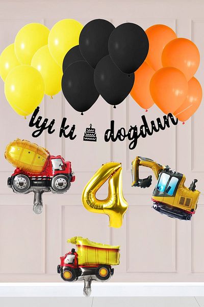 Atölye Mi 4 Years Old Construction Concept Birthday Balloon Set Construction Vehicles Theme Balloon Chain