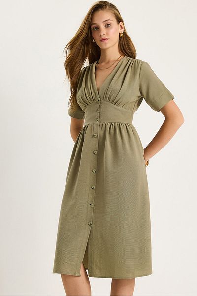 Bianco Lucci Women's V Neck Waist Detail Button Short Sleeve Viscose Linen Dress 5260 60281100