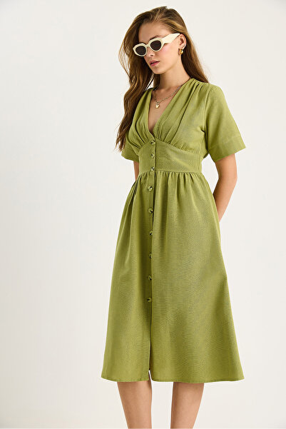 Bianco Lucci Women's V Neck Waist Detail Button Short Sleeve Viscose Linen Dress 5260 60281100