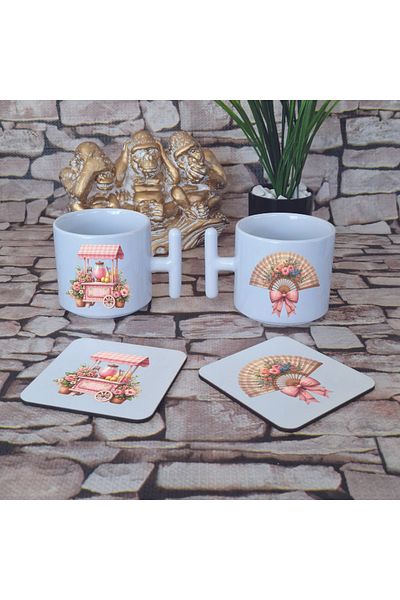 giftkonsept Pink Summer Theme Printed Set of 4 Wooden Coasters and Latte Cup t Mug Cup with Handle
