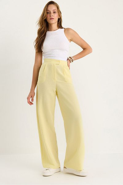 Bianco Lucci Women's Velcro Pocket Detailed Linen Palazzo Trousers 3877 60281098