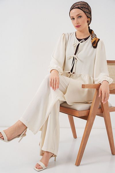 Bigdart Women's Front Lace-Up Tunic Trousers Double Set 6744 - Ecru