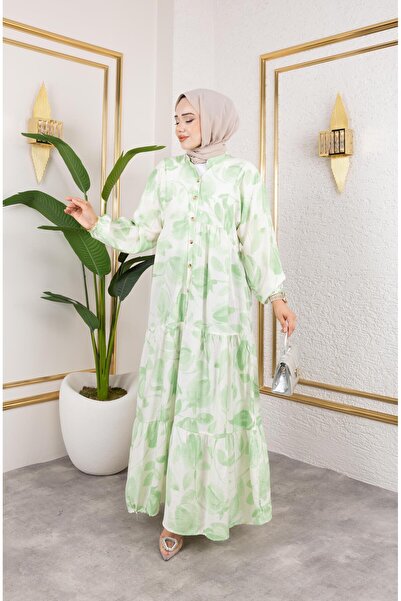 HARMAN BUTİK Γυναικείο φόρεμα με κουμπιά με μοτίβο πράσινο Modal