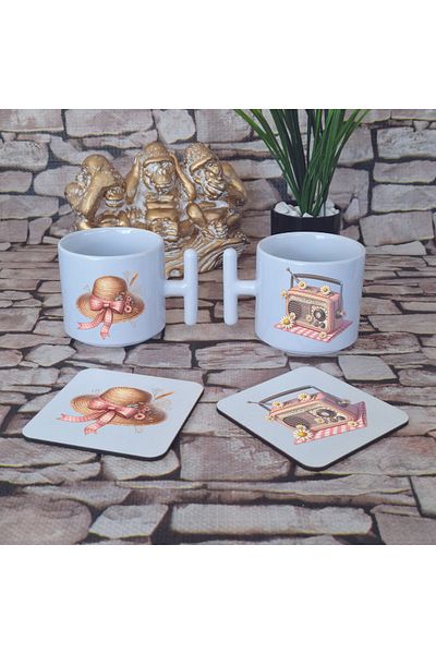 giftkonsept Hat and Radio Bohemian Printed Set of 4 Wooden Coasters and Latte Cup t Mug Cup with Handle