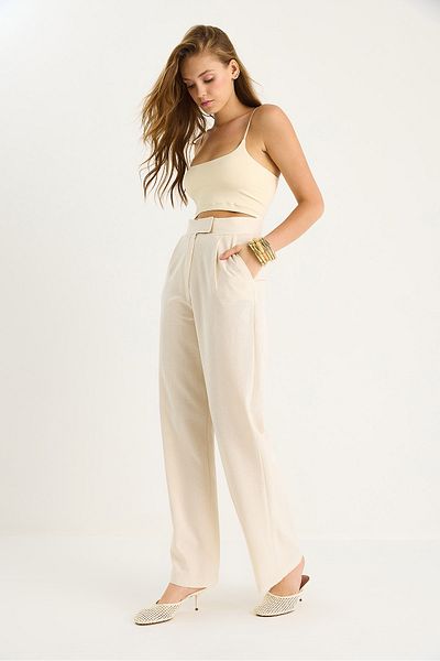Bianco Lucci Women's Velcro Pocket Detailed Linen Palazzo Trousers 3877 60281098