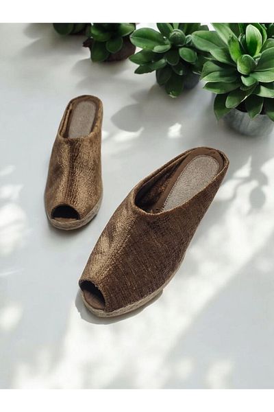 GokceKundura06 Women's Daily Dark Beige Open Toe Straw Linen Slippers