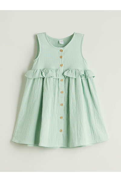 LC Waikiki Nevavm Buttoned Muslin Girls' Dress with a Difference in the Front
