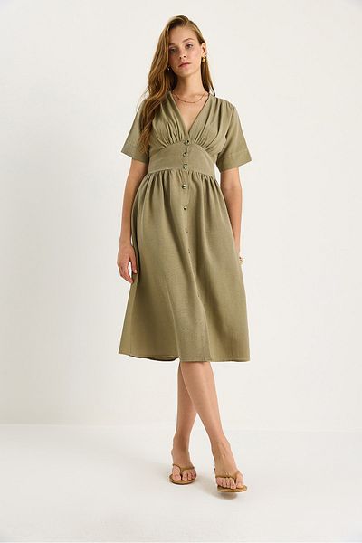 Bianco Lucci Women's V Neck Waist Detail Button Short Sleeve Viscose Linen Dress 5260 60281100