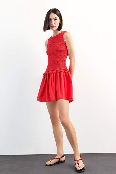 DeFacto Round Neck Gipeli Red Mini Dress F7542Ax25Sm