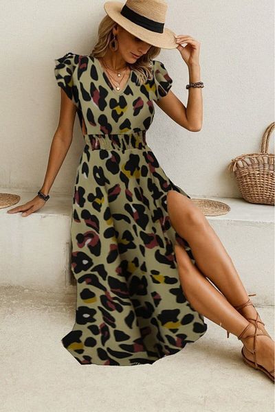 Kokosh moda Γυναικείο κοντομάνικο φόρεμα με λαιμόκοψη V με στάμπα λεοπάρ με σχισμή στο πλάι
