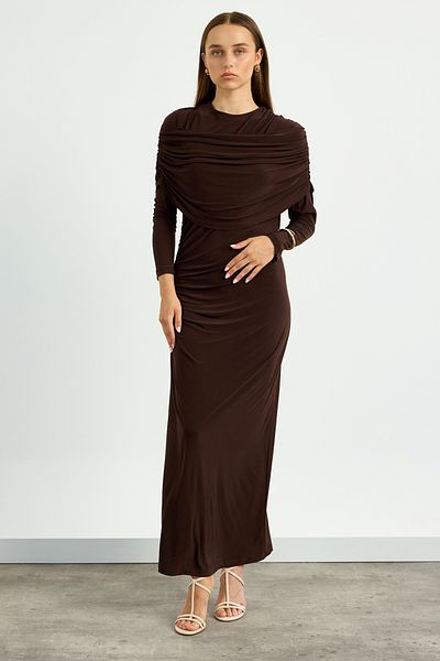 Birgül Bektaş Brown Shoulder Detailed Drape Dress