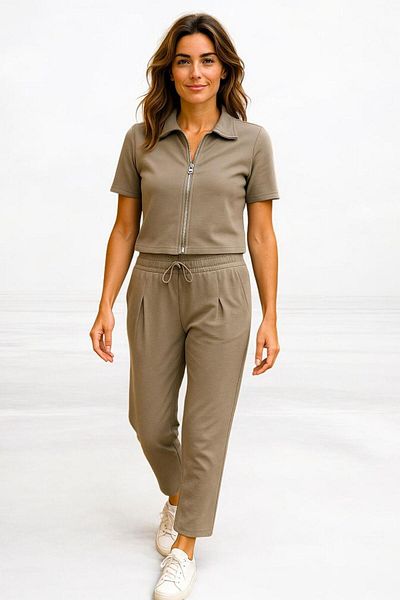 NEWCO Women's Relaxed Fit Zippered Short Sleeve Crop Elastic Tracksuit Set - Set of Two