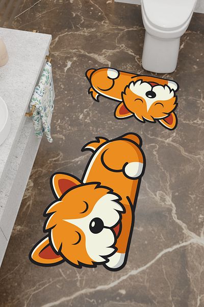 Charmbi Tatlış Dog Patterned Eco Bath Mat, Non-Slip Base, Machine Washable, Digital Printing Set of 2