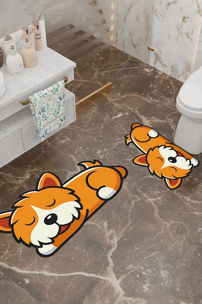 Charmbi Tatlış Dog Patterned Eco Bath Mat, Non-Slip Base, Machine Washable, Digital Printing Set of 2