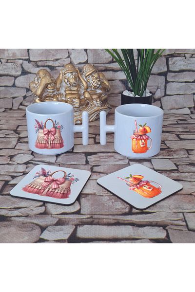 giftkonsept Pink Bohemian Summer Themed Printed Set of 4 Wooden Coasters and Latte Cup t Mug with Handle