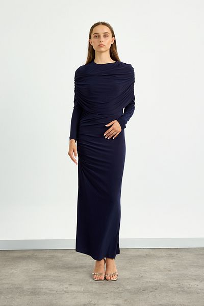 Birgül Bektaş Navy Blue Shoulder Detailed Drape Dress