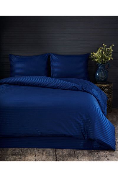 sarra 200-220 SET DE HUSĂ DE PĂTĂ SATINĂ CU DUNGĂ PENTRU CUPLURI - ALBASTRU INDIGO