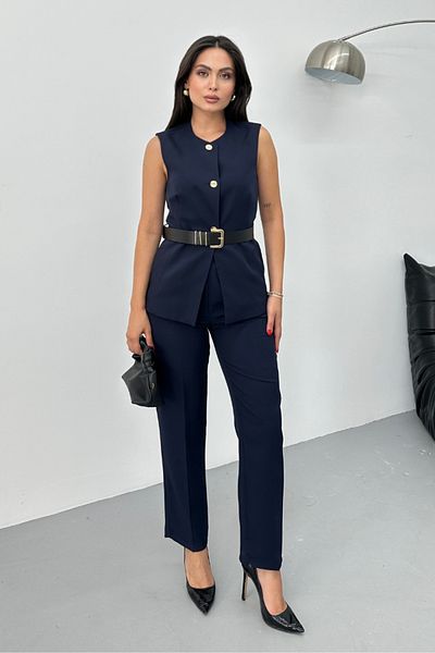 spirituel Women's Double Bottom Top Suit Stylish Button Detailed Belted Crew Neck Regular Vest Pants Suit
