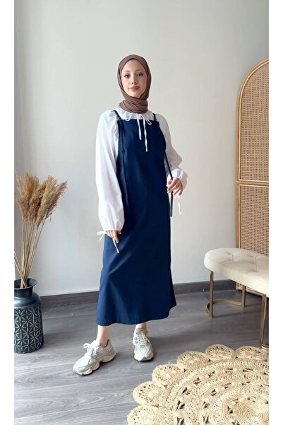 Aris collection Lacivert Askılı Beyaz Gömlekli Jile Elbise 2'li Takım