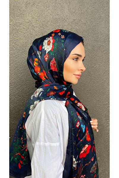 PİRAMİT GUCCİ VUAL İPEK ŞAL ÇİÇEK DESENLİ G BASKILI LACİVERT