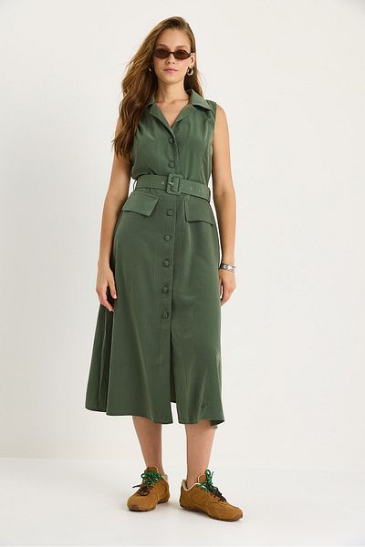 Bianco Lucci Women's Jacket Collar Detailed Belted Summer Shirt Dress 5252 60281103