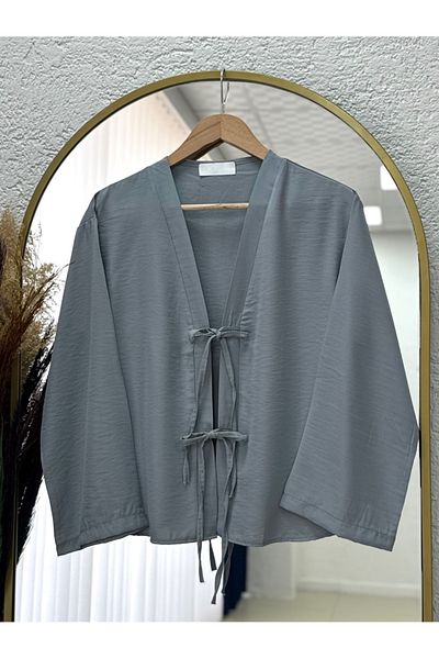 MİHRA STORE Mironia Front Lace-Up Cupra Short Kimono-Mf212 Gray