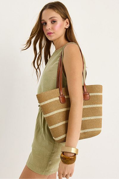 Bianco Lucci Women's Straw Shoulder Strap Striped Zippered Lined Maxi Bag Nwc-1043-1 60801016