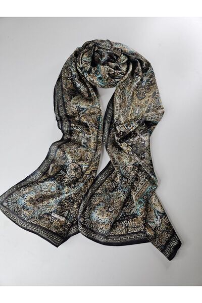PİRAMİT DİOREL ETRO VUAL İPEK ŞAL ETNİK DESEN SİYAH RENKLİ