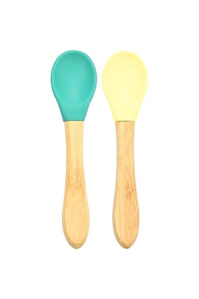 MBB ETİCARET OiOi Bamboo Handle Silicone Food Spoon 2 Pack Green Yellow