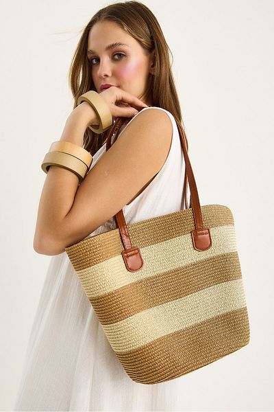 Bianco Lucci Women's Straw Shoulder Strap Color Block Zippered Lined Maxi Bag Nwc-1043-1 60801018