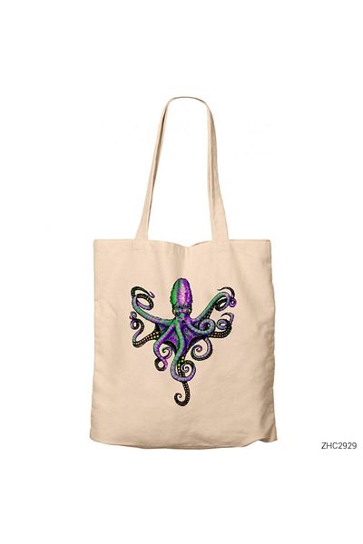 Z zepplin Octopus Colorful Cream Zippered Cloth Bag Gabardine