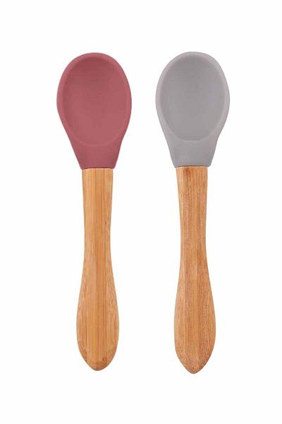 MBB ETİCARET OiOi Bamboo Handle Silicone Food Spoon 2 Pack Velvet Rose / Powder Gray