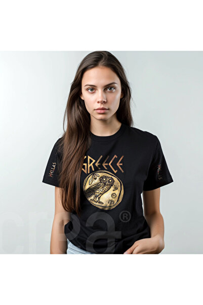 Crea Eymer Wear Owl Coin Grčka umetnička štampa pamučna majica s okruglim izr...