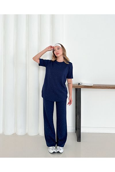 badibadii Women's Thick Diamond Pearl Blouse Elastic Waist Pants Modal Suit 3089 60283231
