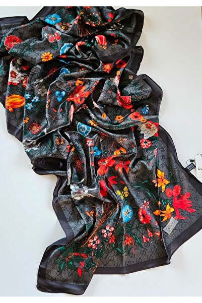 PİRAMİT GUCCİ VUAL İPEK ŞAL ÇİÇEKLİ G BASKILI SİYAH GRİ