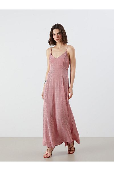 LC Waikiki Red V-Neck Plaid Flounce Dress