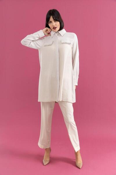 PERFECT 25200 ÖNÜ GİZLİ DÜĞMELİ CEP KAPAKLARI TAŞLI ŞIK GÖMLEK TUNİK #02-25#