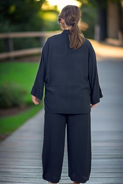 yagmurberen Flexible Cotton Summer Fabric Bat-Sleeve Shirt with Elastic Waist Pocket Trousers Large Size Double Set