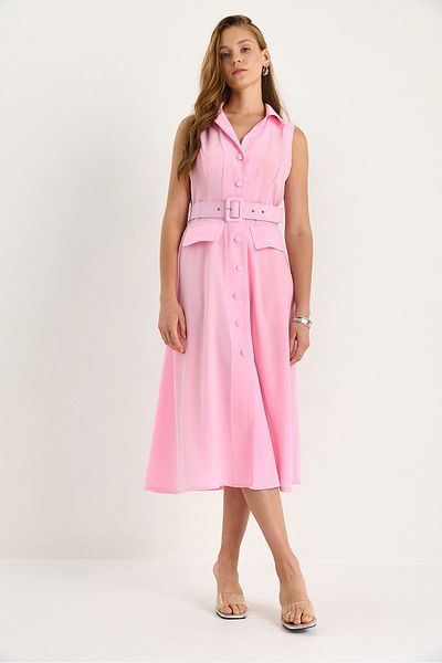 Bianco Lucci Women's Jacket Collar Detailed Belted Summer Shirt Dress 5252 60281103