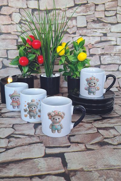 giftkonsept Four Seasons Cute Bears Printed Black Set of 4 Porcelain Turkish Coffee Cups