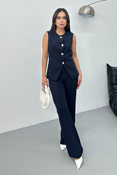 spirituel Női dupla alsó felső szett Stílusos gombos részletes nyakú, normál mellény nadrág szett