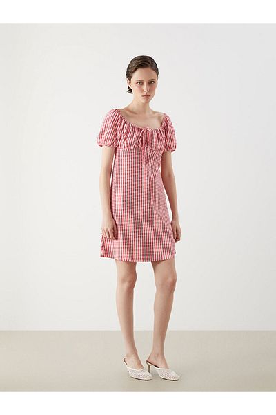 LC Waikiki Red Tie Collar Gingham Mini Dress
