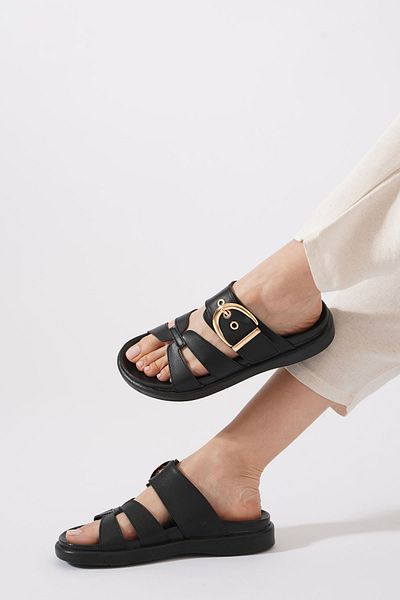 Himushe Women's Slippers with Side Window Buckle Black Skin
