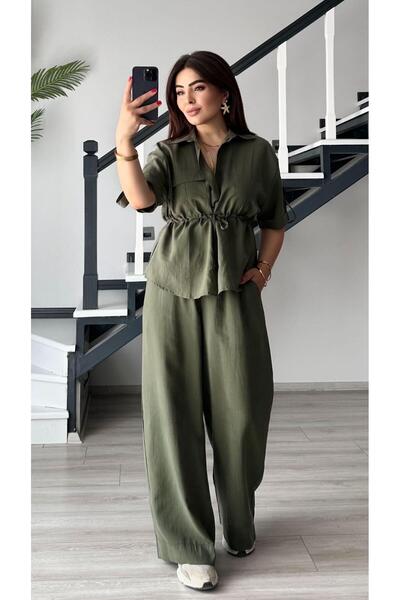 Oslove Haki Yıkamalı Tnsel Kumaş Gömlek-Pantolon Takım