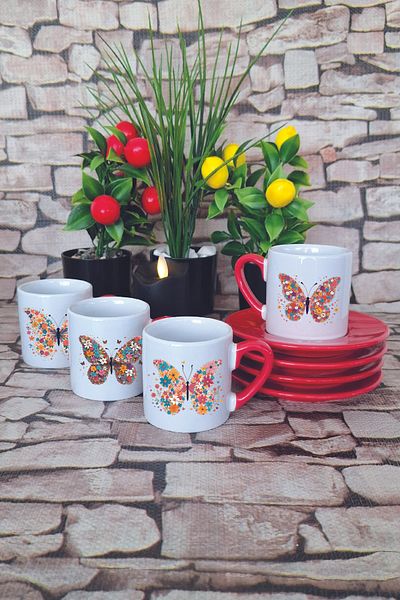giftkonsept Flower and Butterfly Themed Printed Red 4-Piece Porcelain Turkish Coffee Cup Set